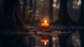 A Serene Candle Illuminating a Peaceful Forest
