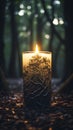 A Serene Candle Illuminating a Rustic Outdoors Scene