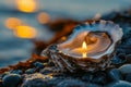 Serene Candle Lit Oyster Shell on Pebbled Beach at Dusk with Golden Sunset Reflections on Water Royalty Free Stock Photo