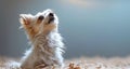 Serene canine beauty, a white spitz gazes into the distance, a picture of calm, copy space