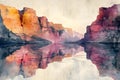 Serene Canyon Reflections: A Study in Minimalist Watercolor. Concept Landscape Painting, Watercolor