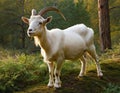 Majestic White Goat in Enchanted Forest at Sunset Royalty Free Stock Photo