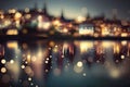 Blurred Calm Waters With City Lights and Reflection - Generative AI