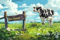 serene cartoon cow grazing in a sunlit pasture, its sign reading \