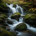 A serene cascade flows over moss-covered rocks in a lush forest setting Royalty Free Stock Photo