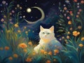 A serene cat with a tranquil demeanor rests peacefully in a garden, the glow of a crescent moon, fantasy, painting
