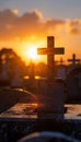 Serene catholic cemetery scene gravestone with engraved cross in soft focus background Royalty Free Stock Photo