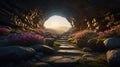 A Stone Path Leads Through a Cave Entrance to a Beautiful Mountain View Royalty Free Stock Photo