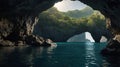 Mystical Cave View with Ocean and Green Forest under Bright Sunlight Royalty Free Stock Photo