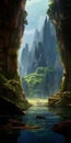 Serene Cave: Mysterious Backdrop With Green Vegetation And Waterfalls