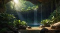Hidden Paradise: Tranquil Waterfall in a Lush Green Tropical Cave Royalty Free Stock Photo