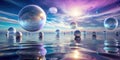 Serene celestial spheres reflecting on a calm, iridescent water surface under a dreamlike sky. Generative AI Royalty Free Stock Photo