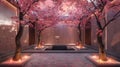 Serene Cherry Blossoms at Twilight in a Japanese Courtyard Royalty Free Stock Photo