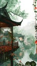 A Chinese garden painting with a bridge over a tranquil pond Royalty Free Stock Photo