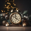 In this serene Christmas still life, the hands of a vintage clock gently mark time amidst the cozy embrace of fir greens