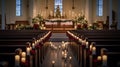 a serene church beautifully decorated for Christmas with candles, trees, and wreaths, creating a tranquil and sacred atmosphere