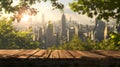 Serene city view from a wooden deck at sunrise, urban nature concept image. AI