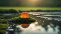 Amber Sphere on Mossy Isle Reflects in Tranquil Pond at Sunset Royalty Free Stock Photo