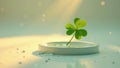 Serene clover leaf in a minimalist water dish, bathed in soft sunlight, on a pale surface with subtle textural elements. Royalty Free Stock Photo