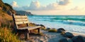 Serene coastal bench at sunset, a tranquil seaside scene of solitude and coastal beauty. Generative AI Royalty Free Stock Photo
