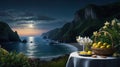 Serene Coastal Still Life at Moonlight: Lemons, Orchids, and Ocean View Royalty Free Stock Photo