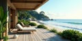 Serene coastal getaway luxurious beachfront deck with tranquil ocean views and comfortable lounge chairs. Generative AI Royalty Free Stock Photo