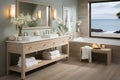 A serene coastal-inspired bathroom, with light colors and natural textures