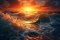 Serene Coastal Landscape. Captivating Technicolored Sunset Waves in the Vast Sea