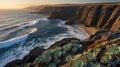 Coastal Cliffside Landscape with Succulents Overlooking the Ocean at Sunset Royalty Free Stock Photo