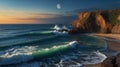 Dramatic Coastal Scene with Waves Crashing Under Moonlight and Golden Sunset Light Royalty Free Stock Photo