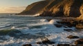 Dramatic Coastal Scene with Crashing Waves at Sunset, Cliffside and Rock Formations Royalty Free Stock Photo