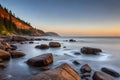 A serene coastal scene, with waves gently washing over a secluded, rocky beach