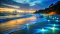 Serene coastal sunset with glowing orb path on sandy beach. Generative AI Royalty Free Stock Photo