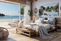 A serene coastal-themed bedroom with light, airy decor, ocean-inspired accents, and a stunning view of the sea, capturing the