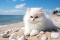 Serene coastal view with cute furry kitten lounging on sandy beach amid ocean waves Royalty Free Stock Photo