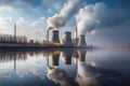 Serene coexistence, Thermal power plant, lotus plants, picturesque cloudy sky