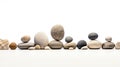 A serene composition of balanced, stone stacks in Vertical line on a white background, embodying the essence of zen and harmony.