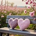 Serene composition with quilted hearts and pink flowers around Royalty Free Stock Photo