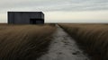 Serene Concrete Building In Realistic Seascape: Modernist Landscapes In Dark Muted Colors