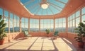 serene conservatory with glass ceiling, large windows, and view mountains and clear blue sky, featuring two Royalty Free Stock Photo
