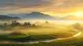 A serene countryside morning unfolds as diligent farmers engage in the field.