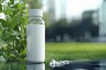 In a serene countryside scene, a bottle of Miracle Moo colostrum supplements is displayed next to a lush pasture.