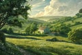 A serene countryside scene, with rolling hills and picturesque cottages