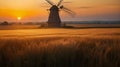 A serene countryside scene with a rustic windmill