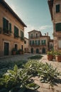 Charming Italian Village Square, Sunlit Stone Cobblestones and Old Buildings Royalty Free Stock Photo