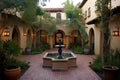 serene courtyard surrounded by mediterranean-style villa with hanging lanterns and fountains