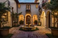 serene courtyard surrounded by mediterranean-style villa with hanging lanterns and fountains