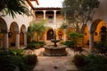 serene courtyard surrounded by mediterranean-style villa with hanging lanterns and fountains