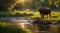 Two Brown Cows Relaxing in a Shallow River on a Sunny Meadow Day Royalty Free Stock Photo