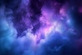 Serene darkness enveloped by purple and blue searchlights amidst smoke.